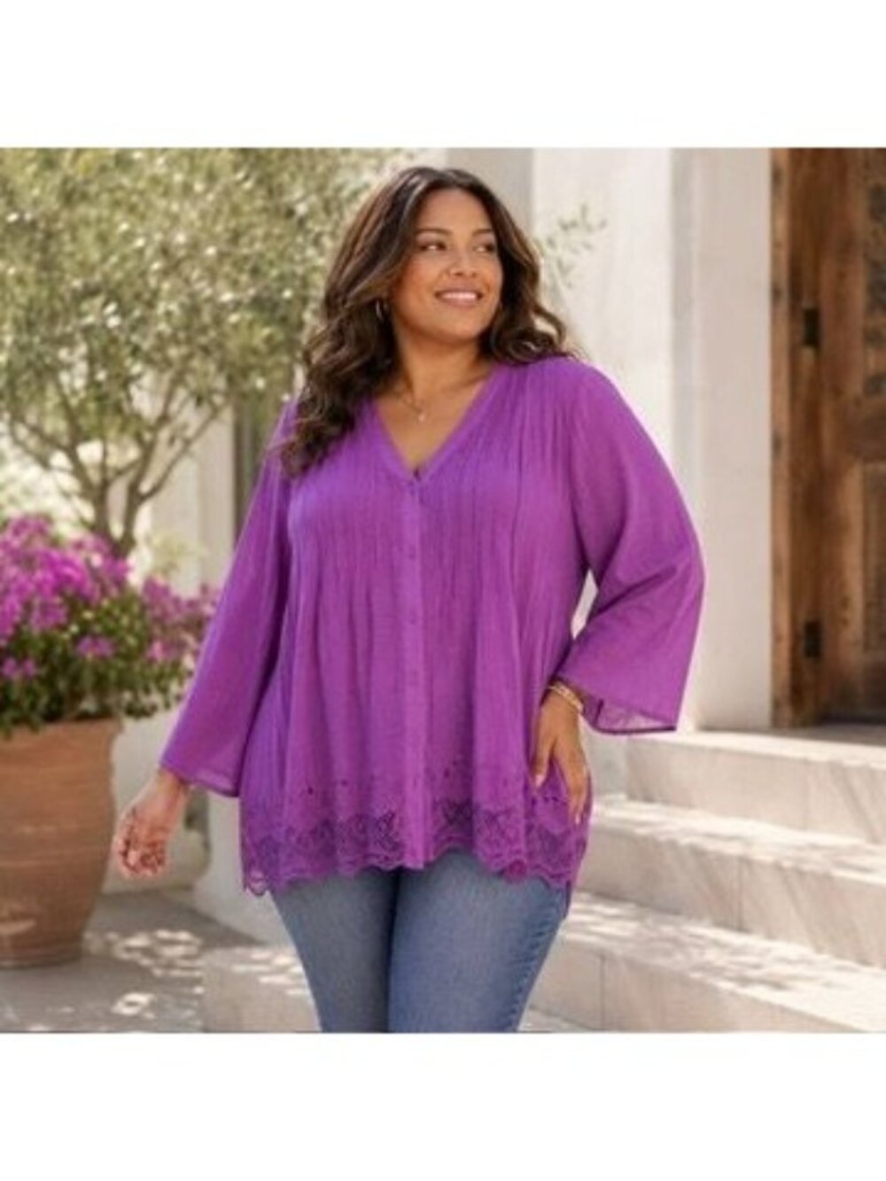 Peasant Blouse with Crochet Embroidered Woman Sz 26/28 Flowy Boho Summer Resort